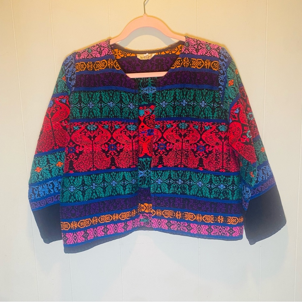 Unique Full Hand Embroidered Aztec Print Jacket made In Guatemala Senyas Woman L